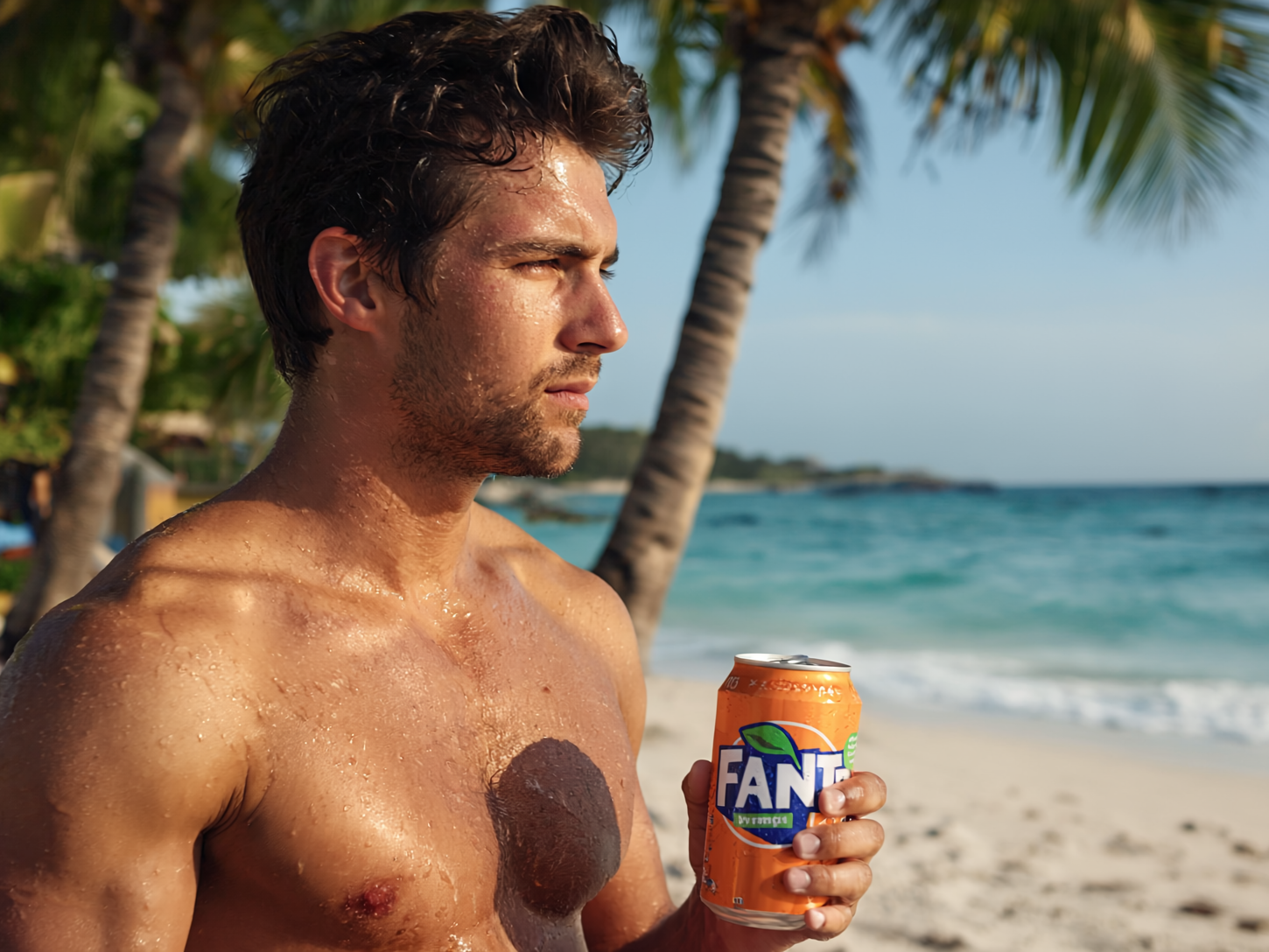 Shirtless young man on a tropical beach holding a chilled can of Fanta.