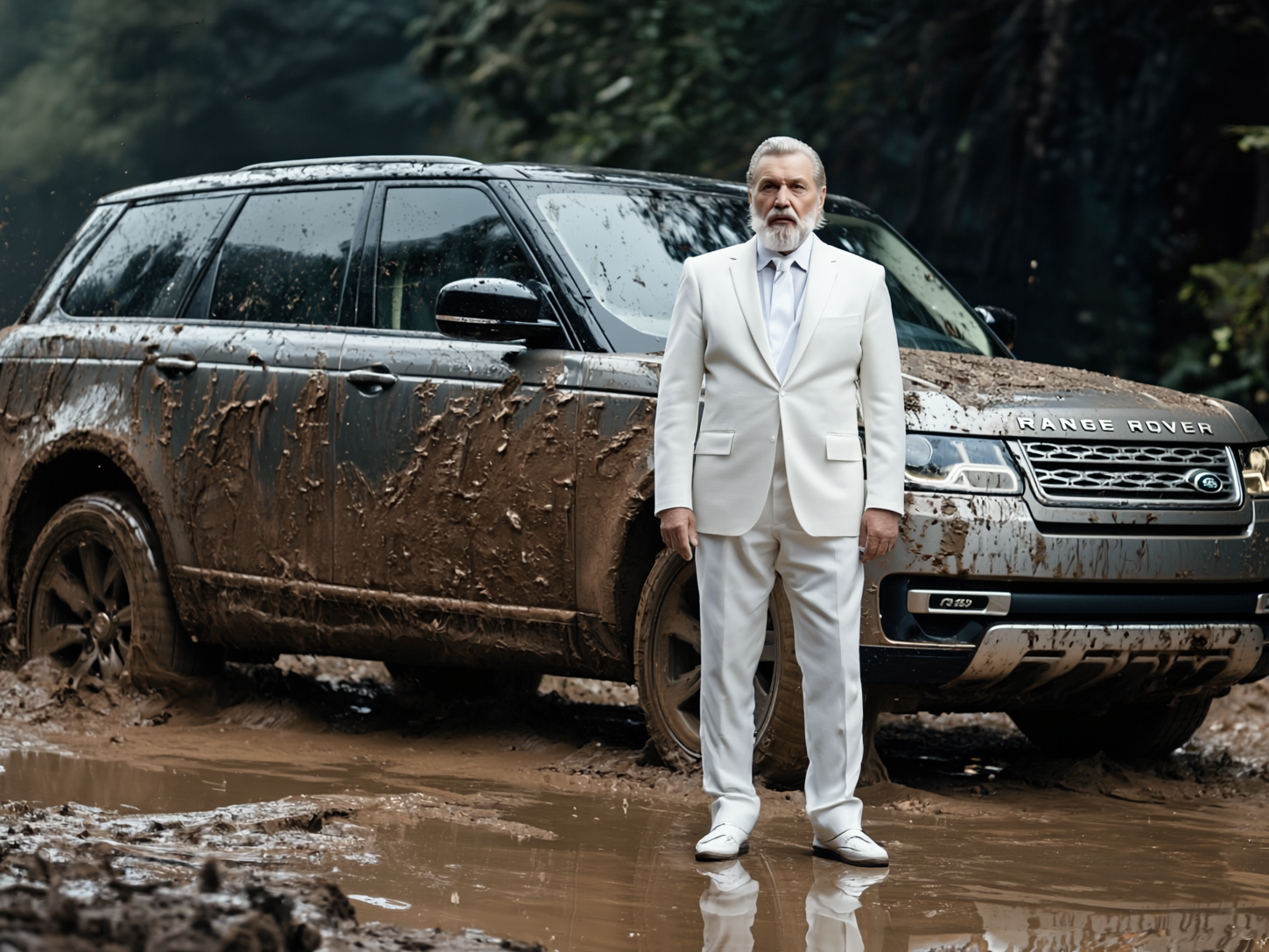 Man in a crisp white suit standing in mud before a mud-splattered Range Rover.