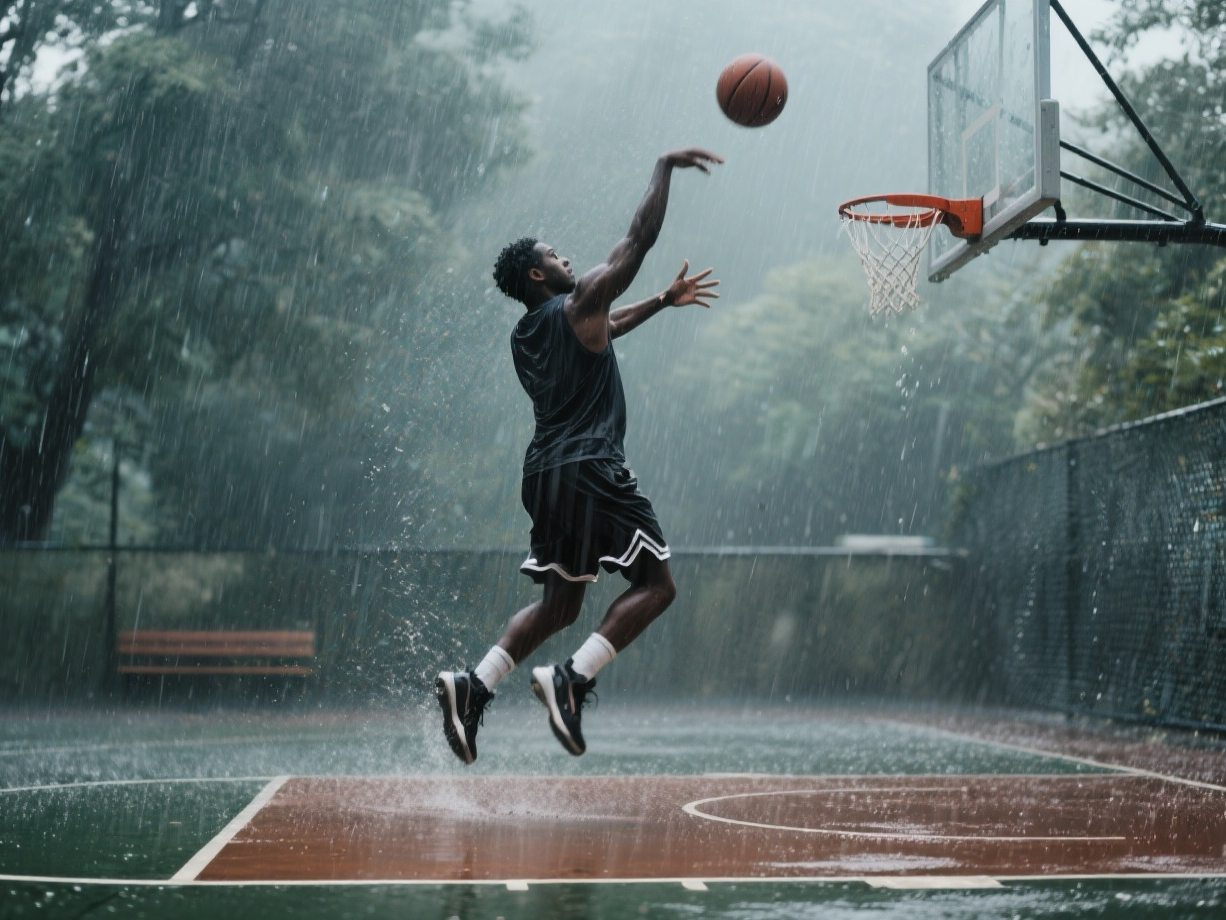 basketball player leaps for a layup on an outdoor court during a downpour.