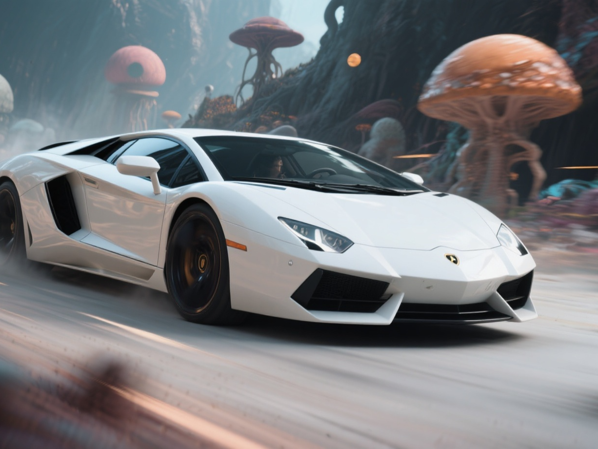 White Lamborghini speeding through a surreal landscape with giant mushrooms; motion blur on the road.