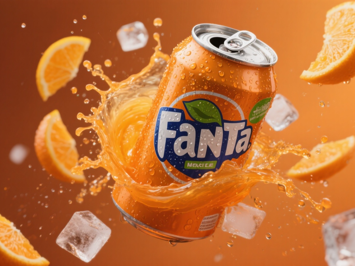 orange fanta can splashes through juice, ice cubes, and flying orange slices.