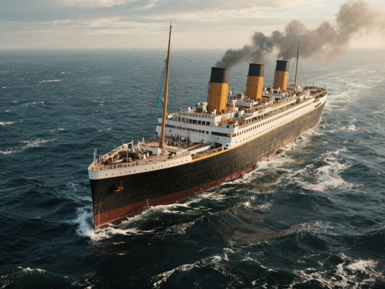 Ocean liner with three funnels cutting through open sea at golden hour.