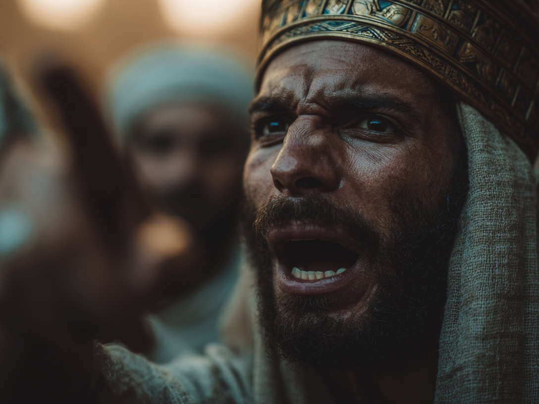 close-up of an angry ancient egyptian man shouting with others behind him.