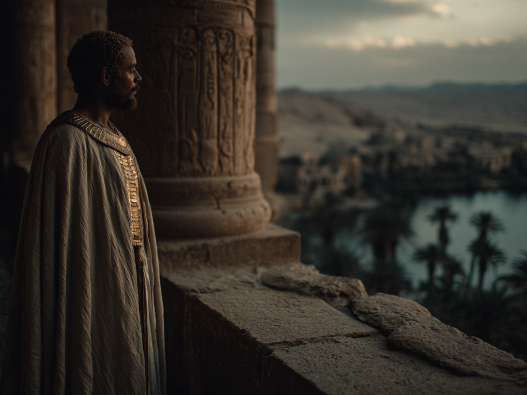 Pharaoh-like figure in a gold pectoral stands by carved columns overlooking a lush Nile vista.