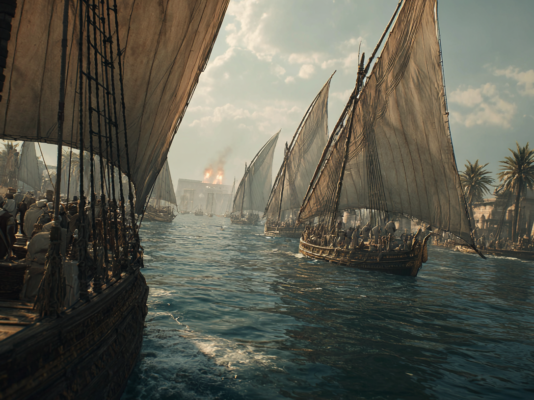 Ancient Egyptian war galleys under sail entering a canal as flames rise from a temple ahead.