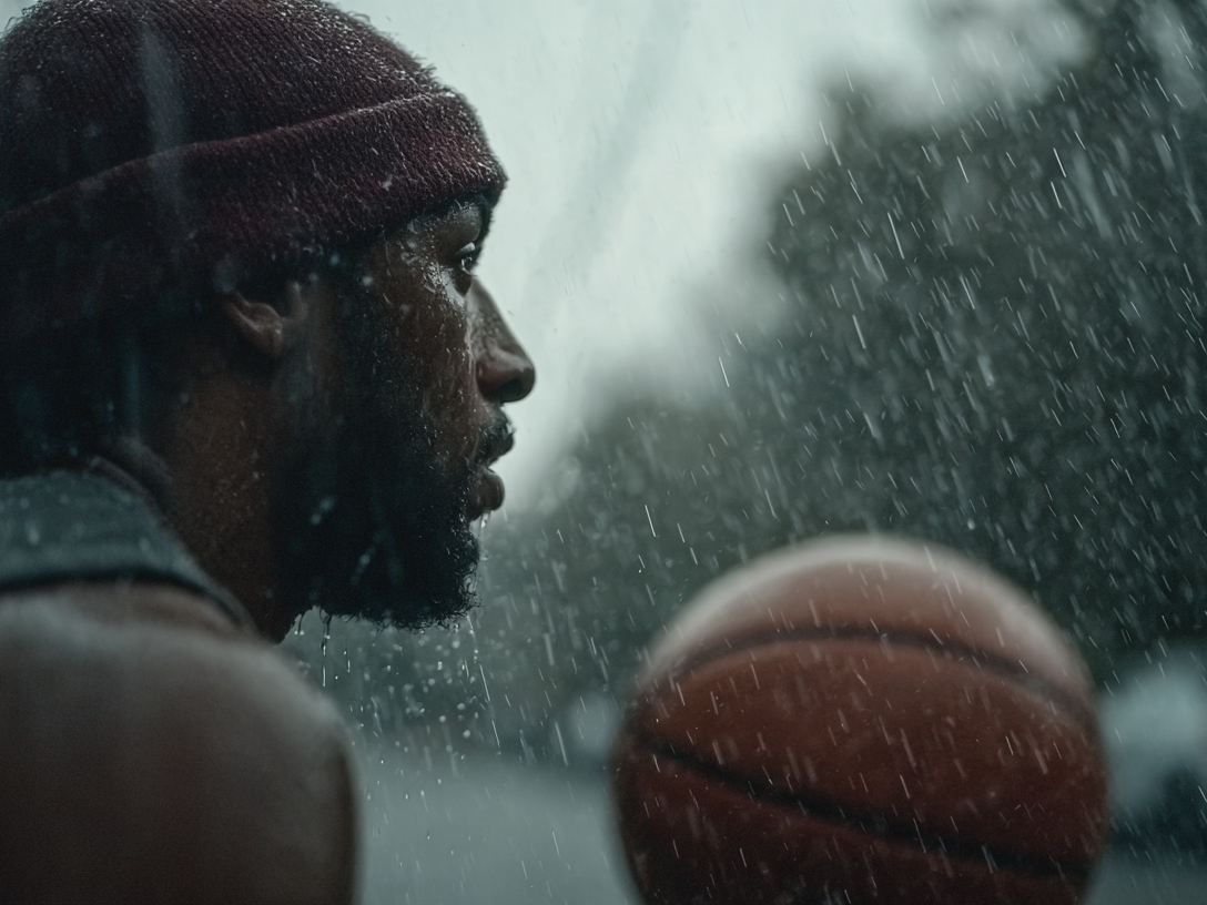profile of basketball player in heavy rain with ball entering frame.