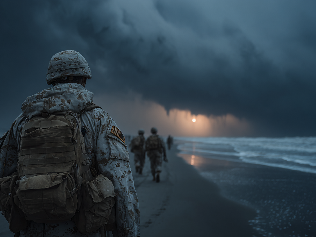 Marine with rucksack on a stormy shoreline at dusk; squad walking toward a distant squall and sun.