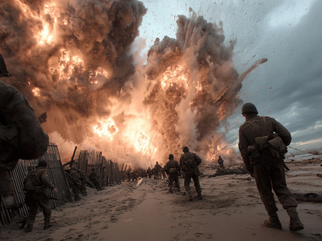 soldiers sprint across a beach as a massive explosion erupts behind them.