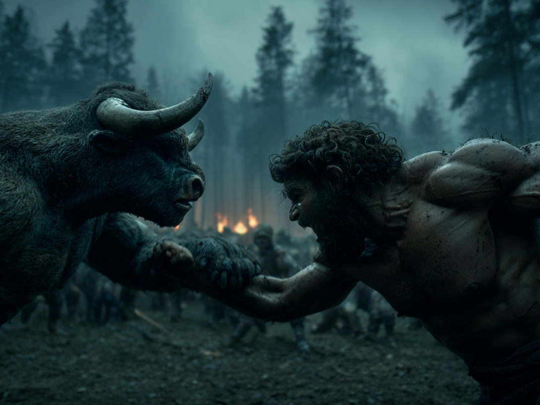 two towering minotaurs clash, muscular figures locked in mythic combat.