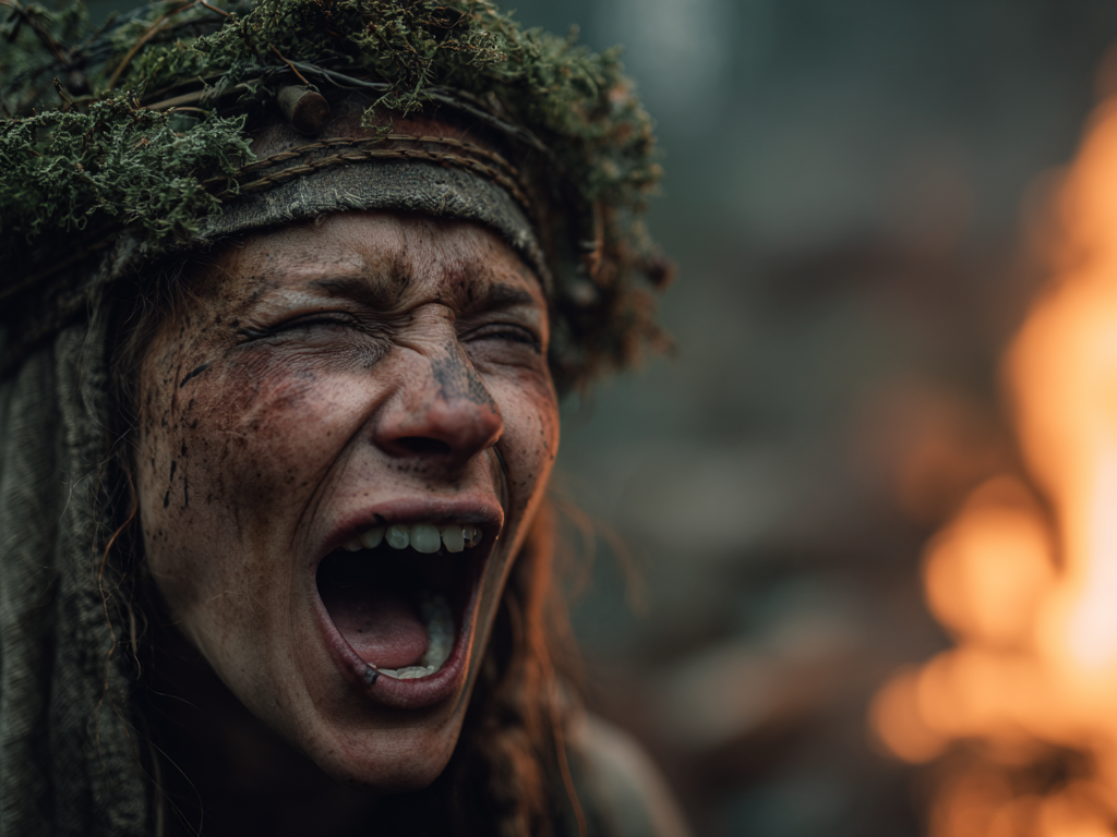Viking shaman woman with a moss wreath screaming beside a ritual fire.