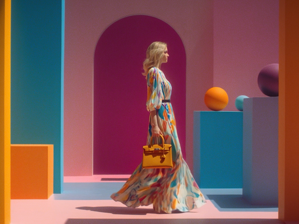 Fashion model in a flowing patterned dress walking through a colorful geometric set, yellow handbag in hand.