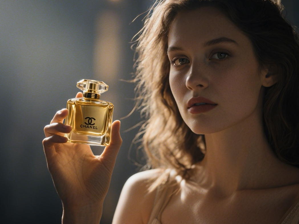 model presents a chanel perfume bottle in soft window light, close-up.